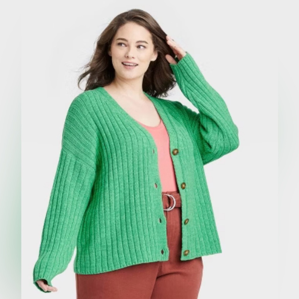 a new day Green Ribbed Cardigan Sweater